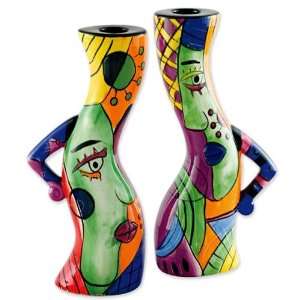   Multi Colored Painted Ceramic Candlestick Holders By Prosperity Tree