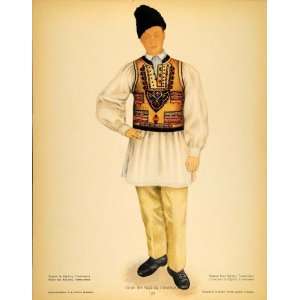 1937 Folk Costume Romanian Peasant Man Fagaras Print   Original Color 