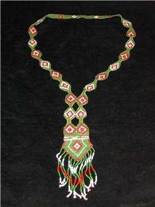 Hand Made Red, Green & White Native Necklace Tiny Beads  