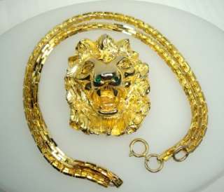 Judith Leiber Lg Lion Head Brooch Pendant Necklace Gold Tone Green 