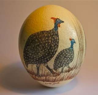 SCRIMSHAW OSTRICH EGG Beautiful African Carving of BIRDS signed FOSTER 