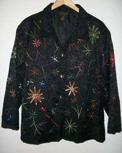 Alex Kim Silky Jacquard Jacket w/Beadwork & Embroidery Starburst Sz 3X 