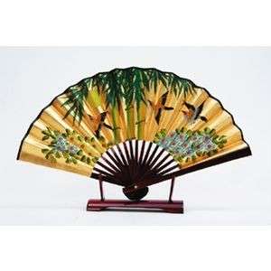 Japanese Folding Fan Gold SENSU Bamboo & Sparrow  