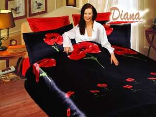 Black Poppy Satin Silk Full Queen Duvet Bed Bedding Set  