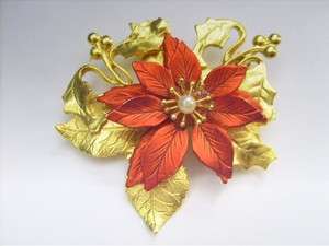 Vintage Red & Gold Poinsettia Brooch signed KC  