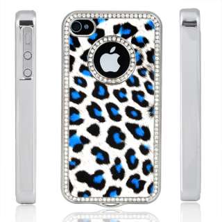   Rhinestone Blue Leopard Hard Skin Case Cover for iPhone 4 4G 4S OS