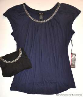 FYLO NY Womens Peasant Shirt Top CHAIN Neck Navy Blue or Black NEW 