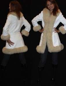 vtg 60s 70s white leather sheepskin fur trimmed princess coat jacket 
