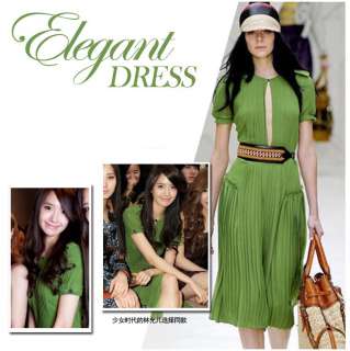 Korea fashion Elegant Short sleeve Long full Chiffon dress W30 Green 