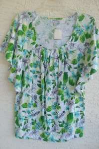 NEW FASHION BUG MISSES GREEN PRINT COTTON TUNIC, BANDED HEM, SCOOP 