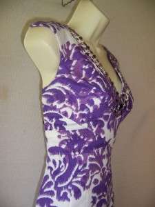 ADRIANNA PAPELL Purple/White Print Cotton V Neck Beaded Cocktail Dress 