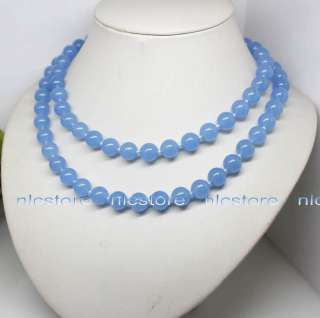 Excellent 8mm blue jade round beads gemstone necklace long  