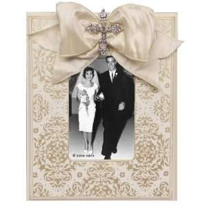  Champagne Brocade Picture Frame   Cream with Crystal Cross 