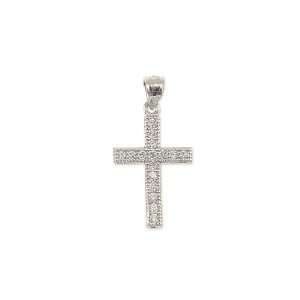   White Gold, Small Cross with Lab Created Gems Pendant Charm 15mm Wide