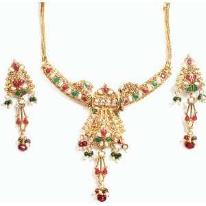  Tri Color Polki Necklace and Earrings Set with Cut Glass 