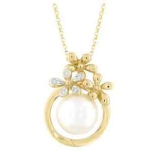    14K Yellow Gold 0.02cttw Round Diamond Pearl Necklace Jewelry