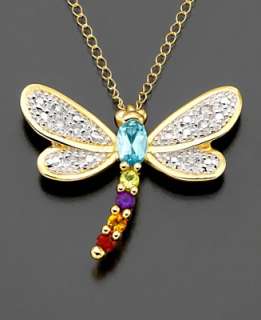 14k Gold Dragonfly Pendant, Multicolored Gemstones   Semi Precious 