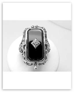 Cameo / Onyx Filigree Flip Ring Diamond Sterling Size 6  