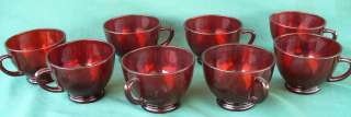 LOT OF 8 VINTAGE RUBY RED GLASS PUNCH BOWL CUPS GLASSWARE SET PIGEON 