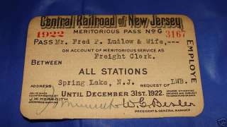 Vintage Central Railroad of NJ Train Pass 1922 #3167  