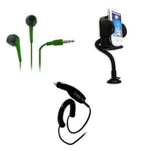   Stereo Earbud Headphones (Neon Green) + Car Dashboard Mount + Car