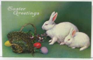   EASTER Postcard ~ Bunny RABBITS ~ BEADED BASKET ~ Colored Eggs  