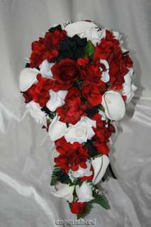 Red Black Silk Flower Wedding Bridal Bouquet Package Centerpieces to 