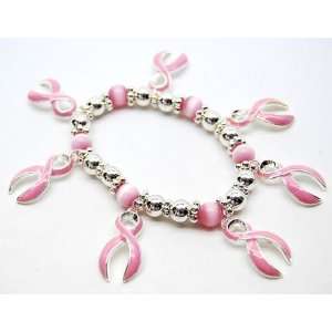  Gorgeous Pink Ribbon with Glitter Beaded Charm Bracelet Jewelry