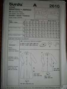 Burda Sewing Pattern 2610 Loose Fitting Coat Size 8 18  