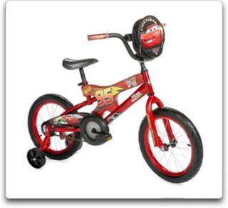 The 16 inch Cars BMX bike features a red steel frame, removable 