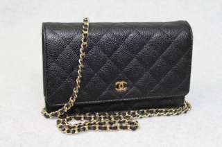   Wallet On Chain Black GOLD Chain Caviar Leather WOC Bag New 12C  