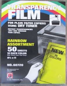   Transparency Film for Plain Paper Copiers   50 Sheets   5 Colors   NEW