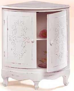 Shabby Cottage Country Chic Carved Corner Curio Cabinet  