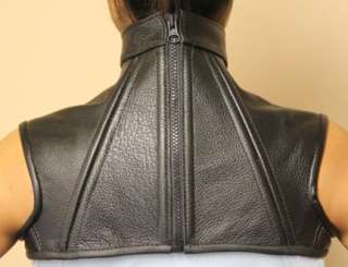 Boned leather neck corset that covers both the neck and upper chest.
