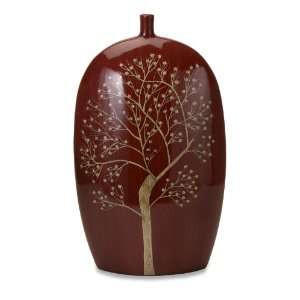   Asian Influenced Red Cherry Blossom Tree Ceramic Vase