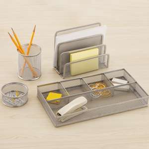 desktop with the 4 piece Mesh Office set. Includes 1 paper clip holder 