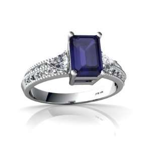  14K White Gold Emerald cut Genuine Sapphire Ring Size 6 Jewelry