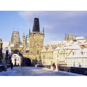 Snow Covered Gothic Charles Bridge with Baroque Statues, Mala Strana 