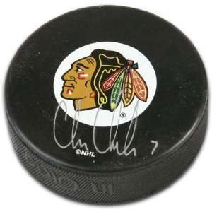 Chris Chelios Chicago Blackhawks Autographed Logo Hockey Puck
