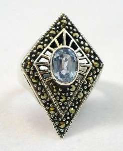 Art Deco Aquamarine & Marcasite Sterling Silver ring Size 8  