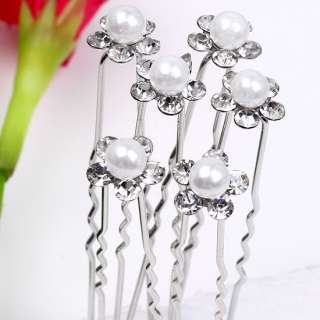 50pc Crystal White Faux Pearl Flowers Bridal Hairpins  