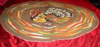 Huge Primitive Hooked Prim Turkey Rug Mat Thanksgiving  