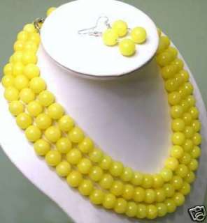 True Jewelry set 3 row Yellow jade necklace Earring  