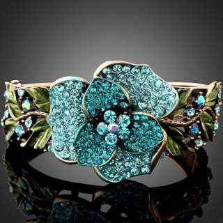 Swarovski Crystal Blue Rose hinged bangle Bracelet Cuff  