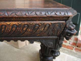 Antique English Gothic Renaissance Carved Oak Dolphin Library Table 