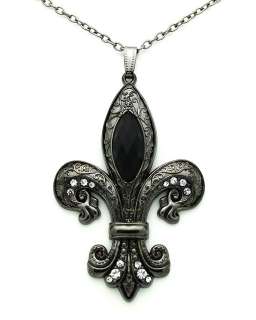   Fleur De Lis Flower with Black and Clear Rhinestones 30 Inch Necklace