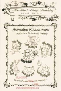 Animated Kitchenware Days of the Week Hot Iron Embroidery Transfers 