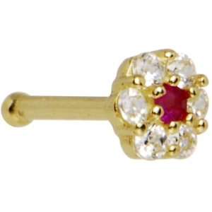    Solid 14KT Yellow Gold Clear Red CZ Flower Nose Bone Jewelry