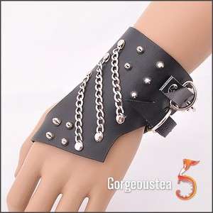   Silver Stud Chains Leather Cuff Bracelet Wristband Punk Fashionable