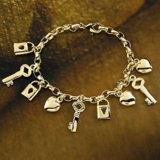 14K Gold Plated Key Clock Charm Bracelet Chain Jewelry  